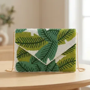 Pochette à perles pour femme avec motif feuille et chaîne, style bohème, pour soirée ou mariage, couleur verte, au meilleur prix - Product Image 3
