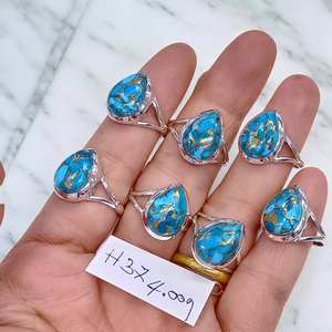 แหวนเงินแท้ประดับพลอยเทอร์ควอยซ์สีน้ำเงินธรรมชาติ สไตล์โบฮีเมียน แหวนเงินแท้ 925 ราคาขายส่ง เครื่องประดับเงิน - Product Image 2