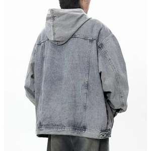 เสื้อแจ็คเก็ตฮู้ดดี้ยีนส์สีน้ำเงินฟอกสไตล์วินเทจสำหรับผู้ชาย พิมพ์ลายสก็อตบุขนแกะ ทรงปกติ สกรีนโลโก้ได้ สไตล์สตรีทแวร์ - Product Image 2