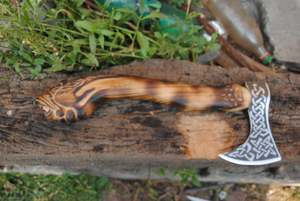 Handmade Industrial Flat Backed <b>Viking</b> <b>Axe</b> Damascus Steel Etched Blade Wooden Shape Handle Leather Sheath 5 3Lb Woodworking - Product Image 3