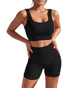 Conjunto de 2 Piezas de Punto Acanalado Ajustado para Mujer, Camiseta Corta con Cuello en U y Pantalones Cortos de Compresión, Ropa Deportiva para Yoga y Gimnasio - Product Image 3