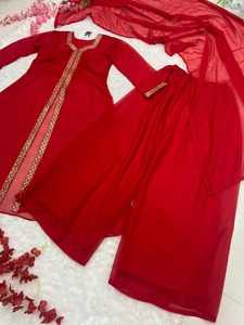 Red Cotton Lace Quick Dry <b>Kurta</b> Dupatta Set Women's Ethnic Wear Regular Length Traditional <b>Indian</b> Pakistani Suit for Karwa - Product Image 3