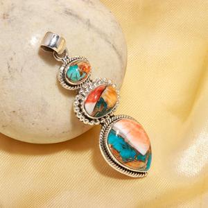 Pendentif en argent sterling 925 avec coquille d'huître épineuse et turquoise sertie en cuivre, bijou artisanal en pierre naturelle, vente en gros, style bohème - Product Image 2