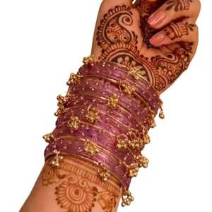 Romantic Pink Acrylic <b>Bangles</b> With Gold Plated Flower Charms Women's Wedding Jewelry Set - Product Image 4