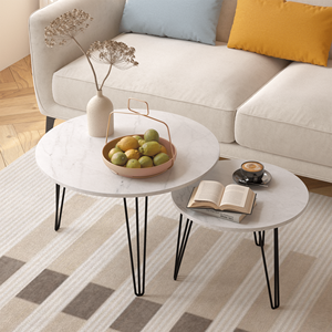 Set di 2 tavolini circolari impilabili da 70 cm con base in metallo robusta e piano in marmo, elegante tavolino da caffè con design a incastro - Product Image 2