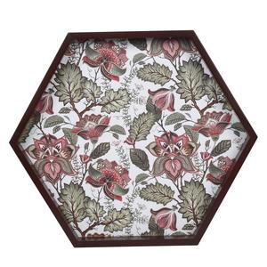 Plateau de service hexagonal orné à motifs floraux mogols, plateau décoratif en bois pour commande en gros - Product Image 1