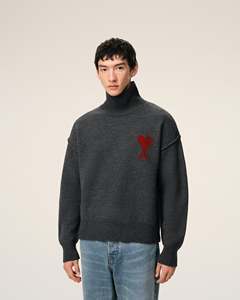 Suéter de Cuello Alto Gris Oscuro para Hombre, con Logotipo de Corazón Bordado, Tejido de Lana, Estilo Holgado, para Invierno - Product Image 5