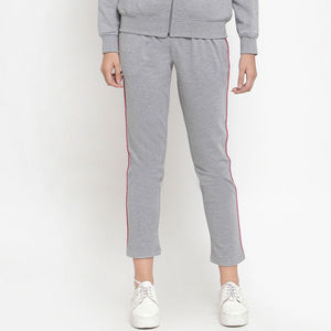 Ensemble de survêtement gris à capuche pour femme, manches longues, couleur unie, tenue décontractée avec bordure rose, fermeture éclair sur le devant, poches latérales, style automne - Product Image 3
