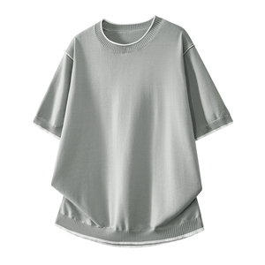 Camiseta de Manga Corta Tejida Extra Grande para Hombre, Cuello Redondo Negro, Ribete en Contraste, Deportiva, Ecológica, de Poliéster/Algodón, Color Sólido Informal - Product Image 2