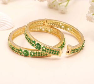 Handmade Emerald Stone <b>Bangle</b> <b>Bracelet</b> Gold Plated Traditional Indian Brass Kada Round and Marquise Design - Product Image 1