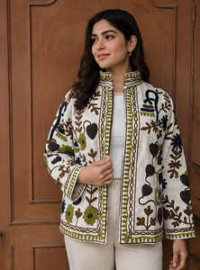 Luxury Handmade Floral Embroidery <b>Quilted</b> Jacket for Women Brown Olive Navy Velvet Fabric Quick Dry Cotton Boho Jaipur Style - Product Image 4