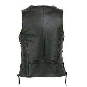 New Arrival Women's <b>Black</b> Genuine Leather Sleeveless <b>Vest</b> Rhinestone Vintage Washed Knitted Waterproof Windproof Outer Wear - Product Image 5