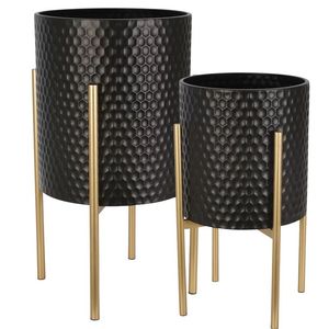 Maceta Moderna con Diseño Hexagonal Negro y Base de Metal Dorado, Macetas de Interior de Diseño Minimalista para Decoración del Hogar - Product Image 1