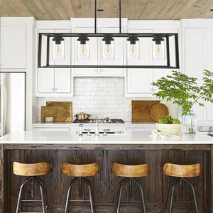 Lampadario a sospensione moderno a 5 luci per isola cucina, con paralume in vetro trasparente e gabbia lineare, per illuminazione sala da pranzo - Product Image 6