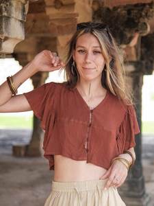 Blusa de Algodón para Mujer, Estilo Boho, Manga Corta, Cierre de Botones, Corte Regular, para Oficina, Sin Tejido, ODM - Product Image 3