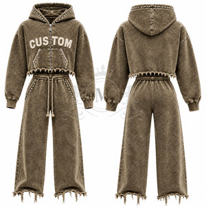 Men <b>Brown</b> Tracksuit Set 100% Cotton Full Length Zipper 450 Gsm Cropped Zipper Wide Leg <b>Joggers</b> Frayed Hem Casual Wear - Product Image 3