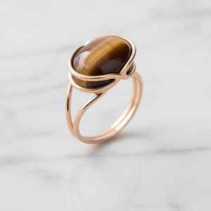 Anillo de plata de ley 925 chapado en oro de 14 quilates con ojo de tigre, joyería artesanal con piedras preciosas para mujer, regalo. - Product Image 3