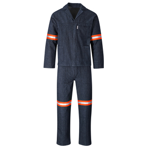 Men's Cotton Work Coverall Reflective Safety Uniform Dark Blue Long Sleeve with Orange Stripes for Construction and Industrial - Product Image 2