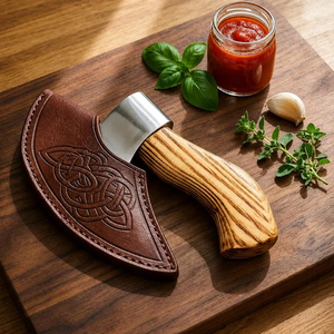 Hacha de Pizza Vikinga Hecha a Mano, Cuchillo Utilitario de Acero al Carbono con Funda de Cuero, Herramienta de Cocina Personalizada - Product Image 6