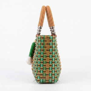 Sac fourre-tout tissé à la main, style bohème, avec breloque arc-en-ciel et poignée perlée, sac de plage d'été, sac à main vintage en paille plastique, vente en gros - Product Image 4