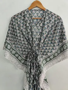 <b>Boho</b> Chic Gray Hand Block Floral Print Kaftan Maxi <b>Dress</b> V-neck Women’s Relaxed Fit Cotton Casual <b>Summer</b> <b>dress</b> - Product Image 6