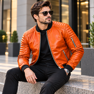 Blouson en cuir pour homme style motard avec manches rembourrées, fermetures éclair argentées, bordures côtelées – Vêtements de moto et streetwear élégants – Fournisseur en gros - Product Image 6