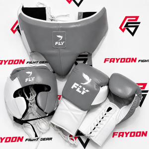 Set de Boxeo FLY de Cuero Vacuno Genuino, Color Personalizado Blanco y Verde, con Guantes con Cordones, Protector de Cabeza y Ingle Ajustable - Product Image 2
