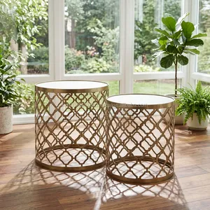 Handcrafted <b>Round</b> Metal Nesting <b>Side</b> <b>Tables</b> with Geometric Openwork Design <b>Gold</b> Finish Modern Living Room Home Furniture Decor - Product Image 1