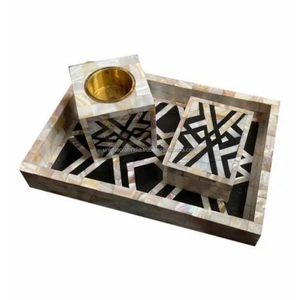 Ensemble de bukhoor jaune à motifs floraux avec incrustations en os et plateau |   Brûleur d'encens et boîte de rangement pour Bakhoor faits à la main - Product Image 6