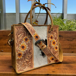 Hochwertige echte hand gefertigte Sonnenblumen-Einkaufstasche aus echtem Rindsleder Verdeckte Trage tasche Western Carving Leder handtasche - Product Image 3