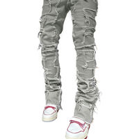 Jean droit unisexe en patchwork vieilli, style streetwear, coupe décontractée, 100 % coton, poids moyen, respirant