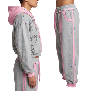Premium OEM Custom Logo Men's Hoodie Sweatpants Set 400 GSM Heavyweight Cotton <b>Cartoon</b> Print Cropped Zip Hoodie Baggy Sweatpants - Product Image 3