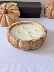 Bol à bougie en bois naturel sculpté à la main en forme de citrouille, pot à bougie rustique pour la décoration de table dans le salon - Product Image 2