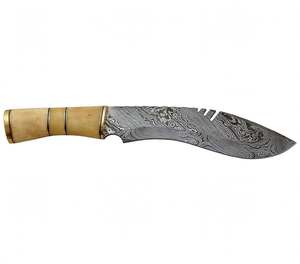 Couteau utilitaire lourd en acier Damas artisanal, manche en os de chameau, entretoises en laiton, outil de terrain - Product Image 3
