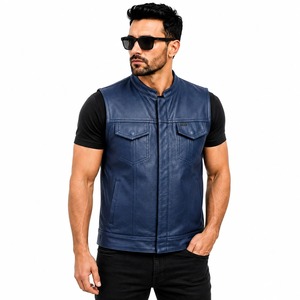 Gilet de moto en cuir véritable noir pour homme, veste sans manches, fermeture éclair sur le devant - Product Image 2