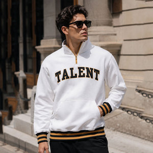 <b>Men's</b> Custom <b>White</b> Quarter Zip <b>Sweatshirt</b> Fleece Pullover with Chenille Varsity Lettering Striped Rib Cuffs - Product Image 1