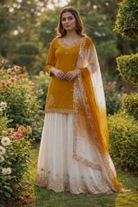 Traje Palazzo de Lujo con Bordado Francés en Crepé y Dupatta de Organza – Colección Festiva y para Fiestas - Product Image 3