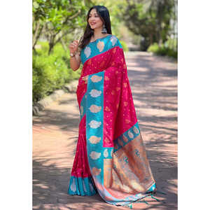 Sari en soie rose léger et doux Elite Weaves avec contraste tissé Zari, robes de soirée élégantes - Shopified - Product Image 1