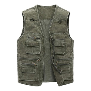 Gilet en jean pour homme, couleur unie, décontracté, en mélange de coton lavé, longueur normale, sans col, pour l'automne - Product Image 3
