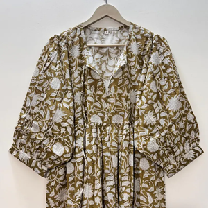 Vestido Casual Midi para Mujer, Tejido 100% Algodón, Liso, Manga Corta, Cintura Imperio, Estilo Babydoll, Cuello en V, Holgado, Origen India - Product Image 3