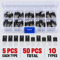 TO-220 Kit Semikonduktor Aneka Ragam 50 Buah 10 Jenis MOSFET NPN Transistor Dioda Schottky dengan Kotak Organizer Komponen Elektronik