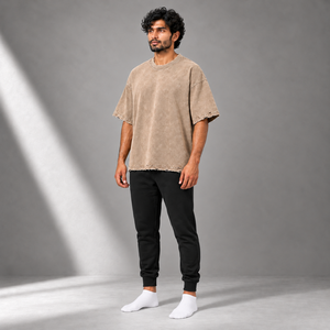 T-shirt surdimensionné personnalisé en coton délavé pour homme, coupe ample, bords vieillis, épaules tombantes, col rond, style streetwear décontracté - Product Image 1