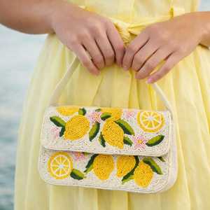 Sac à bandoulière perlé citron, Sac à main artisanal aux motifs agrumes, Pochette d'été tropicale, Sac à main perlé jaune, Cadeau pour elle, Sac brunch - Product Image 2