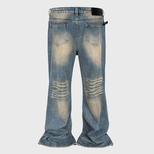 Jean en denim déchiré évasé coupe bootcut vintage épais 14 oz effet usé pour homme, style streetwear, vente en gros - Product Image 3