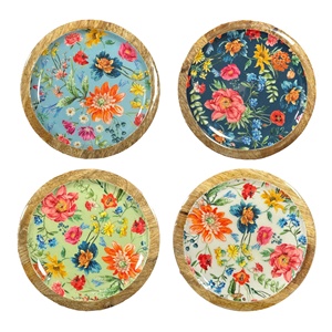 Platos de madera florales vibrantes bellamente elaborados con coloridos patrones botánicos y marcos de madera rústica para una mesa elegante - Product Image 1