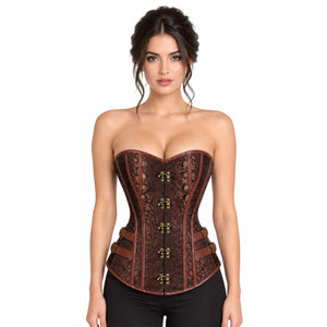 Women Brown Floral <b>Corset</b> With Leather Trim Hook And Eye Front Lace Up Back Firm Control <b>Shapewear</b> Women <b>Corset</b> - Product Image 5