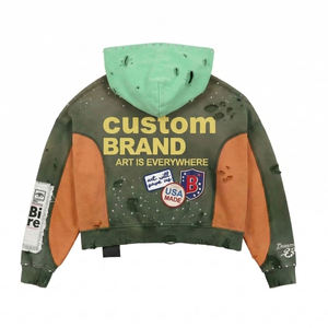 Sudadera con capucha de algodón orgánico grueso para hombre, con cremallera, diseño de bloques de color, corte cropped y holgado, bordado personalizado y pedrería. - Product Image 2