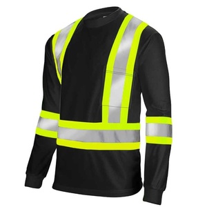 Men's High Visibility Reflective Long Sleeve <b>Work</b> Shirt <b>Black</b> with Yellow and Silver Stripes Polyester Material - Product Image 3