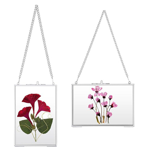 Nouveau cadre photo rectangulaire en verre avec chaîne de suspension, présentant des fleurs rouges pressées et des fleurs roses, pour décoration murale. - Product Image 1