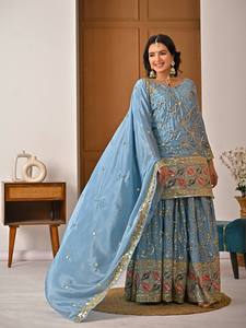 Elegant Blue Embroidered Sharara Dress for Women | Designer <b>Kurti</b> Palazzo Set with Dupatta | Festive Wedding Wear Salwar Suit - Product Image 6